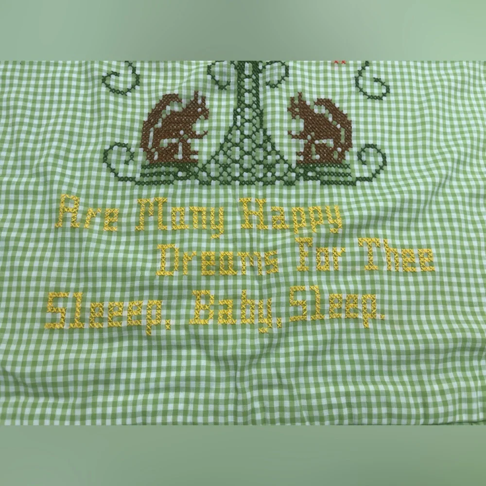 Vtg Handmade Baby Crib Quilt Green Gingham Cross Stitch Ruffle Blanket Woodland